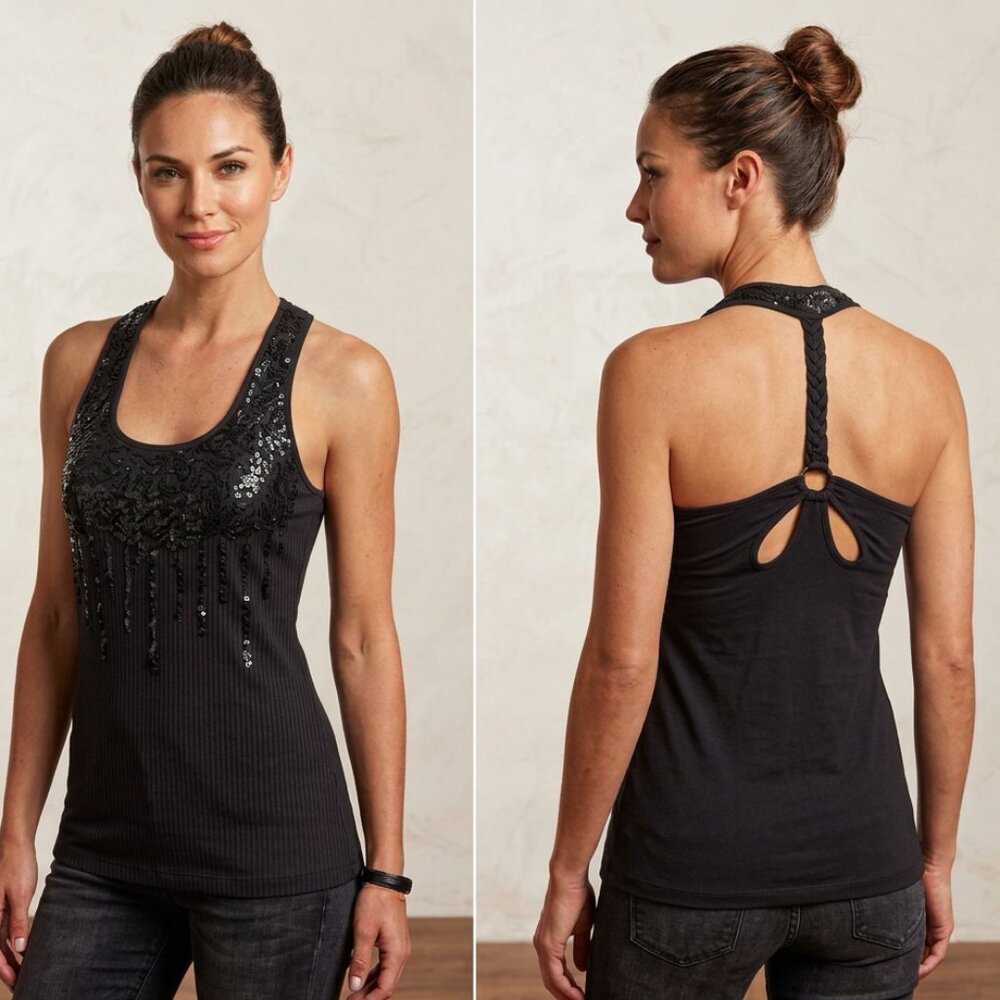 PARASUCO Copa Black Sequin Embellished Sparkly Fancy Halter Tank Top Size SP NWT